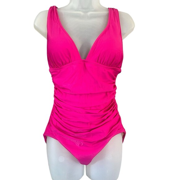 J. Crew NWT Ruched V Neck One Piece Sz 24 Swimsuit‎ Fuchsia BC116 Full Coverage - Picture 2 of 10